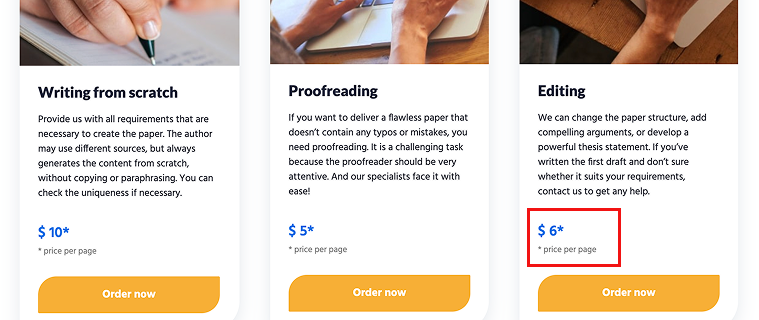 Our Prices section highlighting Editing service at $6