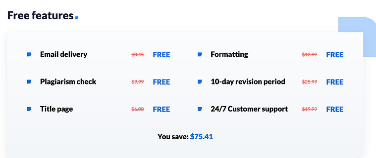Free Features block: Title Page, Formatting, Revisions, Plagiarism report