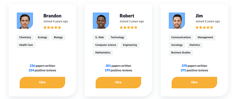 Profiles of writers Brandon, Robert and Jim with their statistics and ratings