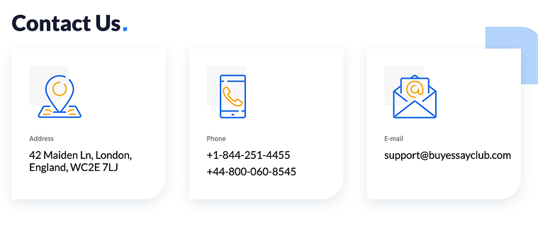 Contact Us page with London address and phone numbers