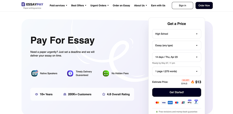 EssayPay homepage with service selection and order calculator