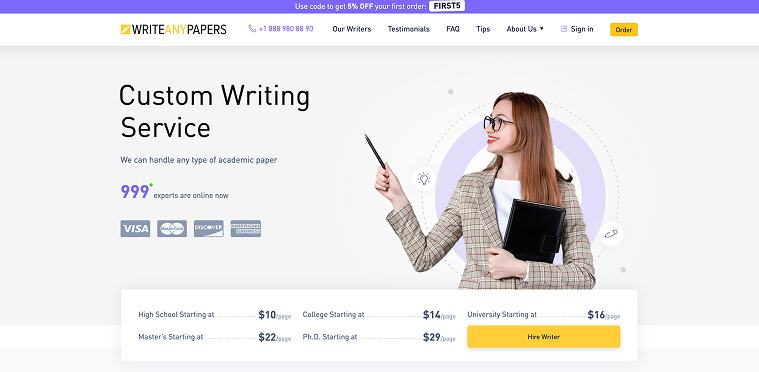 WriteAnyPapers homepage with offer ($13/page)
