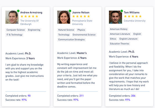 Top writer cards: Tom Williams, Andrew Armstrong, Joanne Nelson