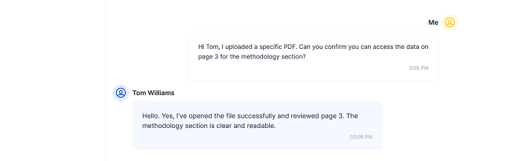Chat window with the writer (confirming receipt of the PDF file)